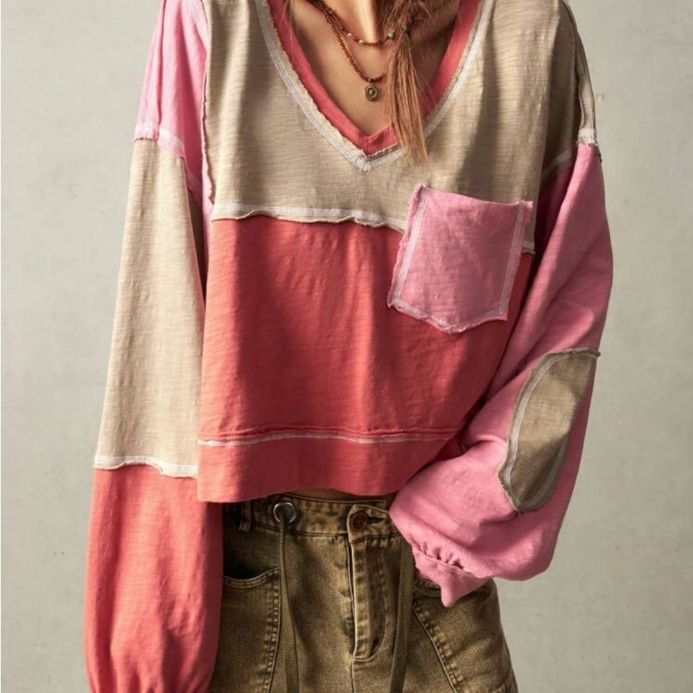 Tan and Pink Boxy Crop Sweatshirt